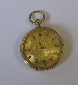 An open faced fob watch by A M Watch Company, contained in an 18ct gold case