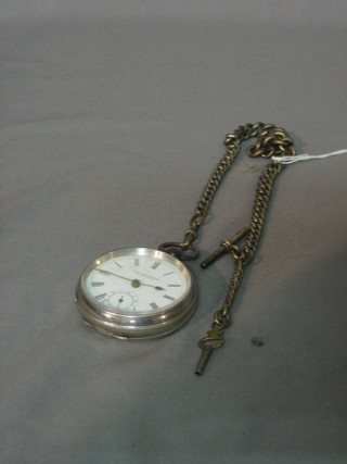 An open faced pocket watch by Pain Bros of Hastings with enamelled dial and Roman Numerals contained in a silver half hunter case, hung on a silver curb link chain