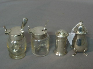 A silver pepperette, silver pepper pot and 2 glass mustard pots with silver lids