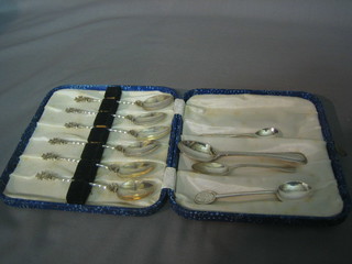 A Victorian silver teaspoon with bead work decoration, 2 silver teaspoons, a silver salt spoon and 6 Continental silver spoons