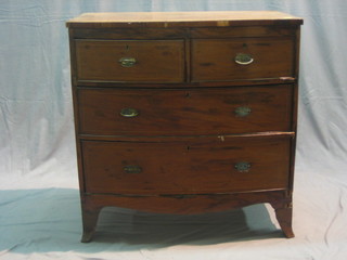 A 19th Century mahogany bow front chest of 2 short and 2 long drawers, raised on bracket feet 33" (requires some attention)