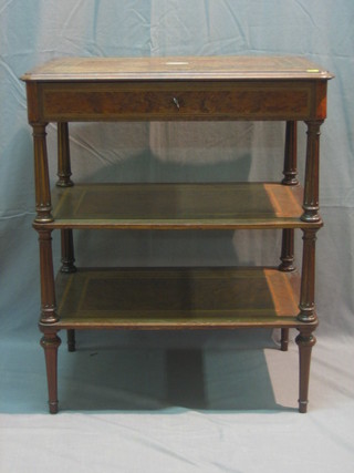 A 19th Century Continental rectangular walnut what-not table with inlaid and crossbanded top, fitted a drawer and raised on turned and fluted supports (some damage to veneers) 27"