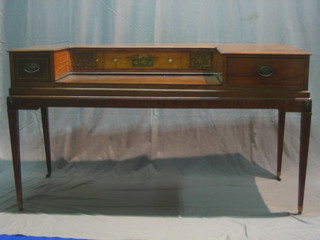 A 19th Century inlaid mahogany square piano case converted for use as a desk, fitted drawers, raised on square tapering supports 60"