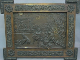 4 Continental embossed metal plaques decorated landscapes and figures 12" x 17" within decorative Cambridge style frames