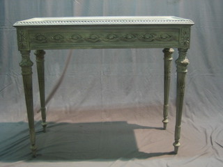 A French style rectangular  grey painted Bijouterie table, fitted a drawer and raised on turned and fluted supports 42"