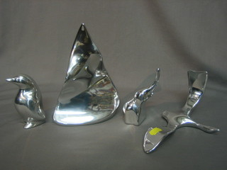 4 Canadian Hoselton chrome sculptures in the form of a sailing boat?, penguin, elephant and a bird