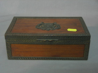 A mahogany hinged box the lid decorated The Arms of the Worshipful Company of Salters 9"