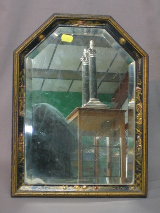 A 1930's bevelled plate easel mirror contained in a black lacquered frame with chinoiserie decoration 16" x 12"