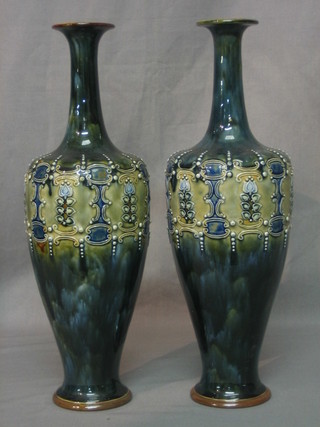 A pair of green glazed Doulton club shaped vases, the base marked Royal Doulton and incised LP 6463 15"