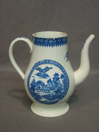 An 18th Century white glazed pottery chocolate pot with blue Willow pattern transfer decoration (some chips) 8"