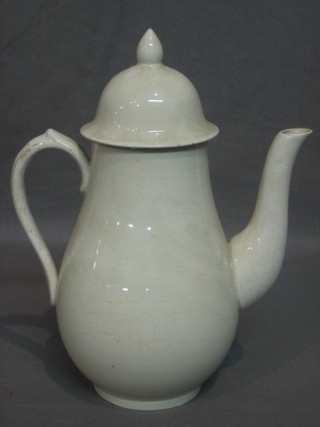 An 18th/19th Century white glazed chocolate/coffee pot complete with lid, 9" (chip to base and crazed)
