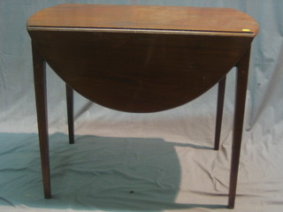 A 19th Century oval mahogany Pembroke table fitted a drawer, raised on square tapering supports inlaid satinwood stringing, 36"