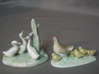 A Nao figure of hen and chickens, raised on an oval base 5" and 1 other Nao figure of geese 5"