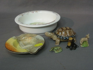 A Royal Albert World of Beatrix Potter bowl, decorated Jeremy Fisher 6", a Royal Doulton seriesware ashtray "Roseland" 5", a Wade figure of a tortoise 3 1/2" and 3 various Wade Whimsies