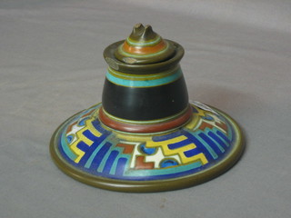 A circular Art Nouveau Gouda Pottery inkwell, (chip to lid and rim) base marked G590ZAN  6 1/2"