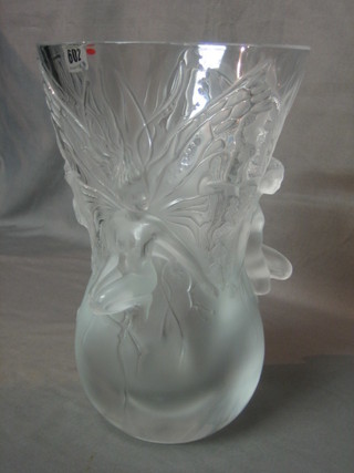 A 20th Century Lalique glass vase of club form decorated seated figures, the base marked Lalique France, 12"