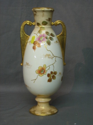 An Edwardian Worcester style twin handled vase with floral decoration 13"
