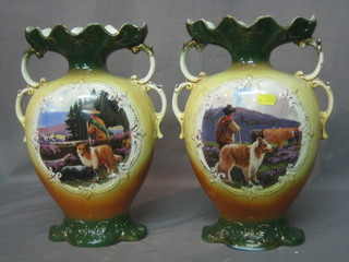 A pair of Edwardian pottery twin handled vases decorated highland scenes 13"
