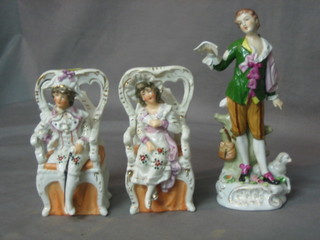 A 19th Century biscuit porcelain figure of a standing lady  8", a Continental porcelain figure of a standing boy 8" and 2 porcelain figures 5"