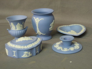 A pair of Wedgwood blue Jasperware vases 4" and 9 items of Jasperware