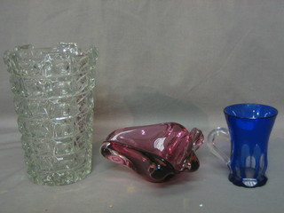 An Art Glass vase 8", a blue glass tankard 4" and an Art Glass vase 6"
