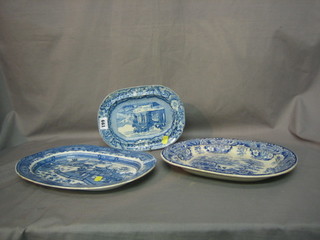 A 19th Century blue and white tureen stand decorated a classical building 10" and 2 others 12"