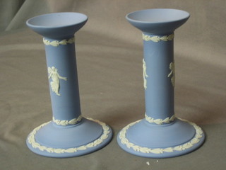 A pair of Wedgwood blue Jasperware candlesticks 6"