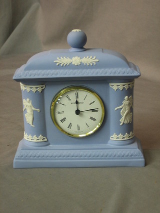 A Wedgwood blue Jasperware mantel clock with quartz movement 6"