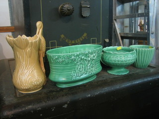A brown glazed Sylvac jug hand decorated a school 4", a do. oval green glazed bowl 10", 2 circular bowls 6" and 5"
