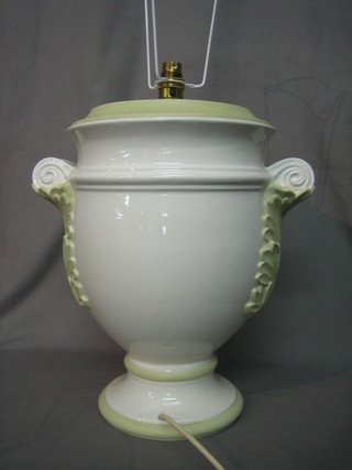 A white and turquoise pottery twin handled table lamp 16"