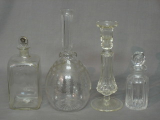 A Victorian etched glass club shaped decanter 10 1/2" (no stopper) an 18th/19th Century square glass decanter and stopper 6 1/2", a glass candlestick and a small dressing table jar