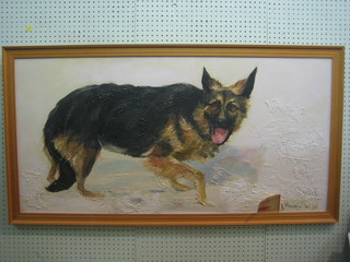 A K Maderson, oil on board "Walking Alsatian" signed and dated December 1976 24" x 48"