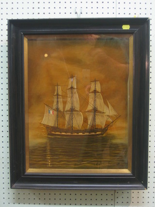 E M E Langford, oil on canvas "18th Century Three Masted French War Ship at Dusk" 17" x 13"