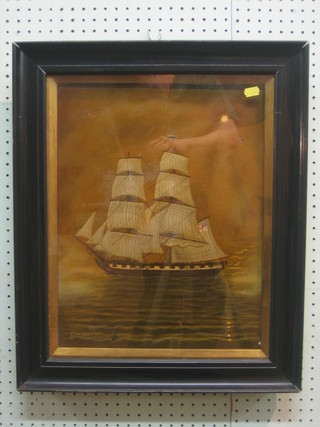 E M E Langford, oil on canvas "Three Masted Royal Naval War Ship" (slight paint loss) 17" x 13"