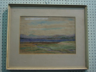 A Iain Fleming (the author), watercolour drawing "Moorland Scene with Mountain in Distance, signed and dated 1954 10" x 14"