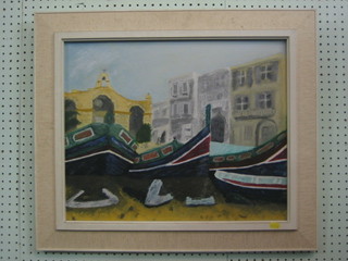 Oil on canvas, Spanish School,  "Beached Fishing Boats" 17" x 21"