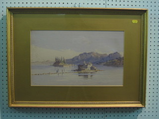 Giullina, watercolour drawing "Continental Lake with Church and Mountains" 10" x 17"  dated '39? 