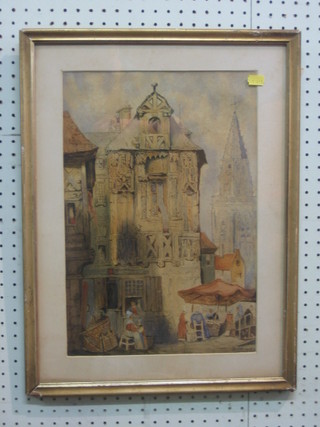 A 19th Century Continental watercolour "Courtyard with Figures and Church in Distance" monogrammed REA and dated 1873, 16" x 11"