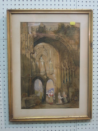 Continental watercolour drawing "Interior Scene with Figures Praying" monogrammed MED 1876 16" x 11"