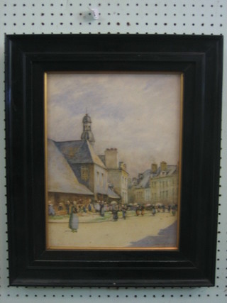 Arthur G Bell, Continental watercolour "Market Scene with Figures" 14" x 10"