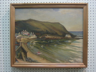 Oil on board "Bay with Fishing Boats, Yachts and Figures" 15" x 18" indistinctly signed