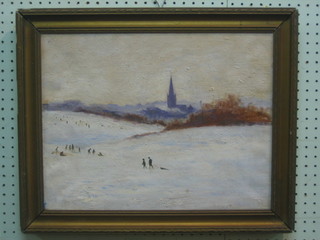 Oil on board "Snowy Scene with Figures Sleighing and Church in Distance"  14" x 17"