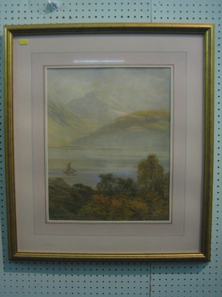 Alfred P Newton, watercolour "Mountain Lake with Boats" 17" x 14" signed and dated