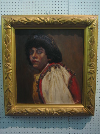 Oil painting on canvas head and shoulders portrait "Gypsy Girl" 19" x 17" contained in a gilt frame