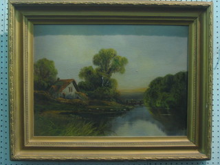 Victorian oil painting "River Scene with Cottage" 15" x 21"