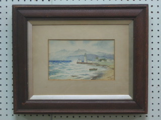 After H W Wimbush, watercolour "Seascape with Bay and Mountain in Distance and Light House", signed W J Post 1908 12" x 8"