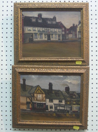 A pair of oil paintings on canvas "Row of Shops and Country Club" 7" x 9"