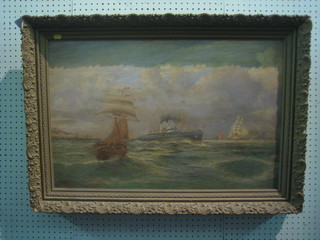 J Callingham? 19th Century oil on canvas "Shipping Scene with Twin Funnelled Steam Ship Off Coast with Fishing Boats" signed,  19" x 30"