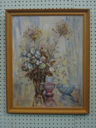 Mary Gauett, oil on board, still life study, "Vase of Flowers" 17" x 13"