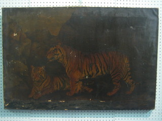 19th Century oil on canvas "Two Tigers in Landscape with Mountains and River" 24" x 26" (small hole)